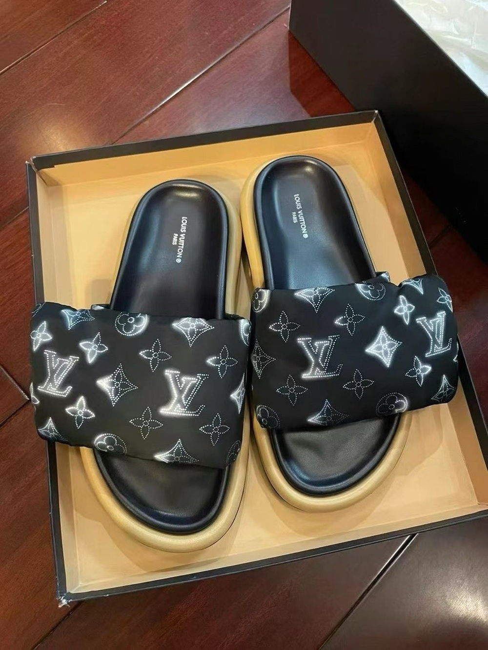 Louis Vuitton Black Monogram Padded Slide Sandals with Tan Sole